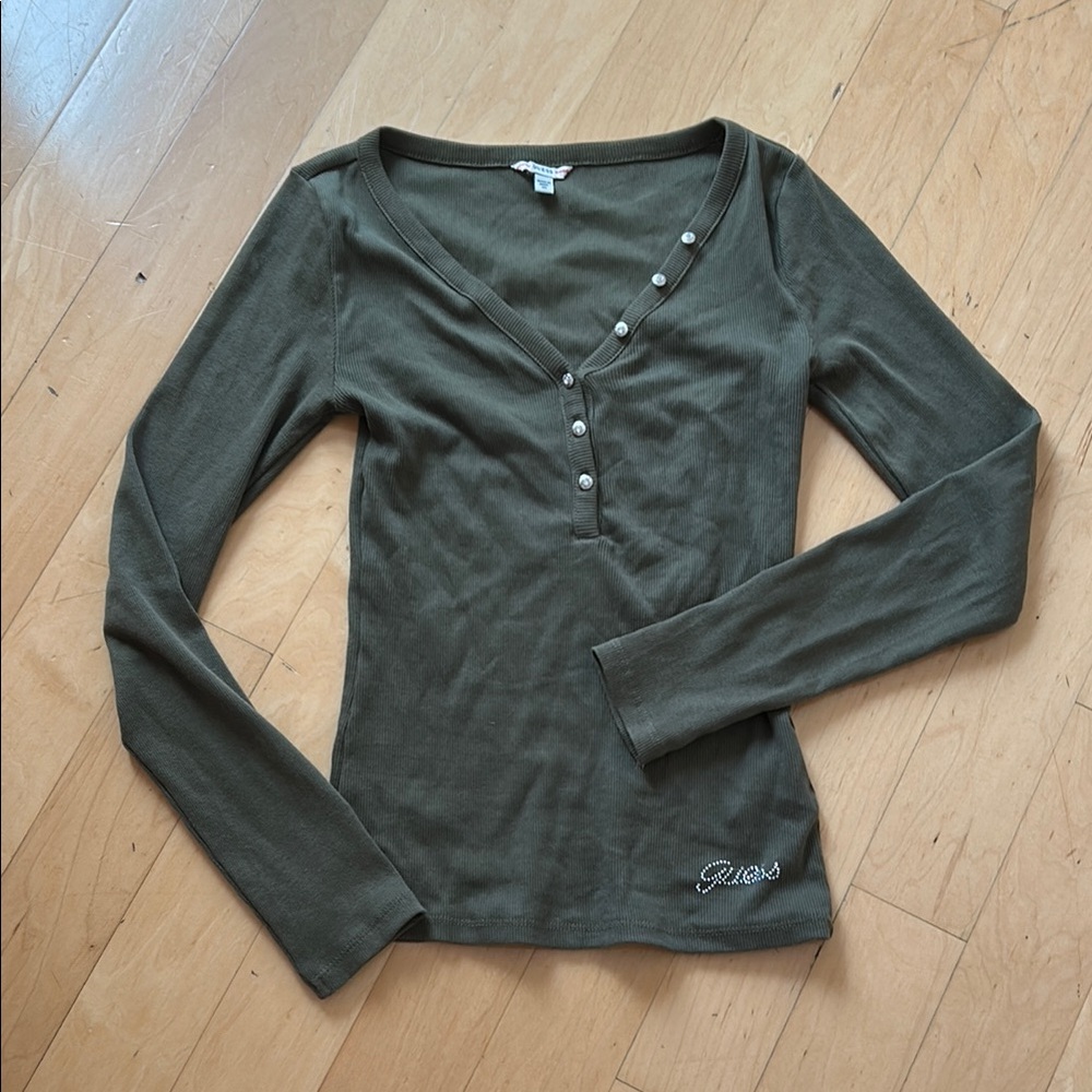 Guess: Green Long Sleeve Top, ribbed Henley